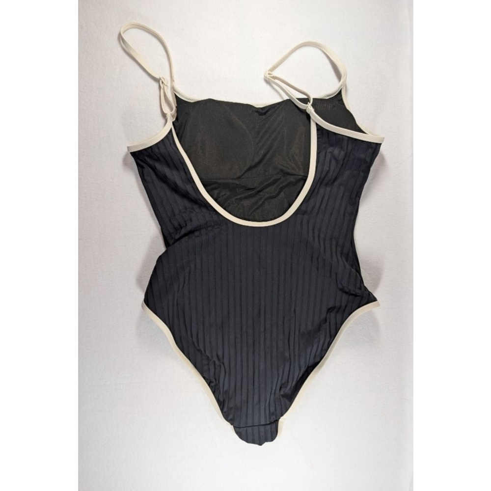 Women's Aerie Black Ribbed One Piece Swimsuit with White Trim M - Picture 5 of 6